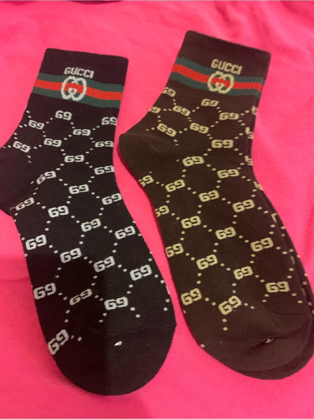 Brown G Logo Crew Socks with Green-Red Stripe